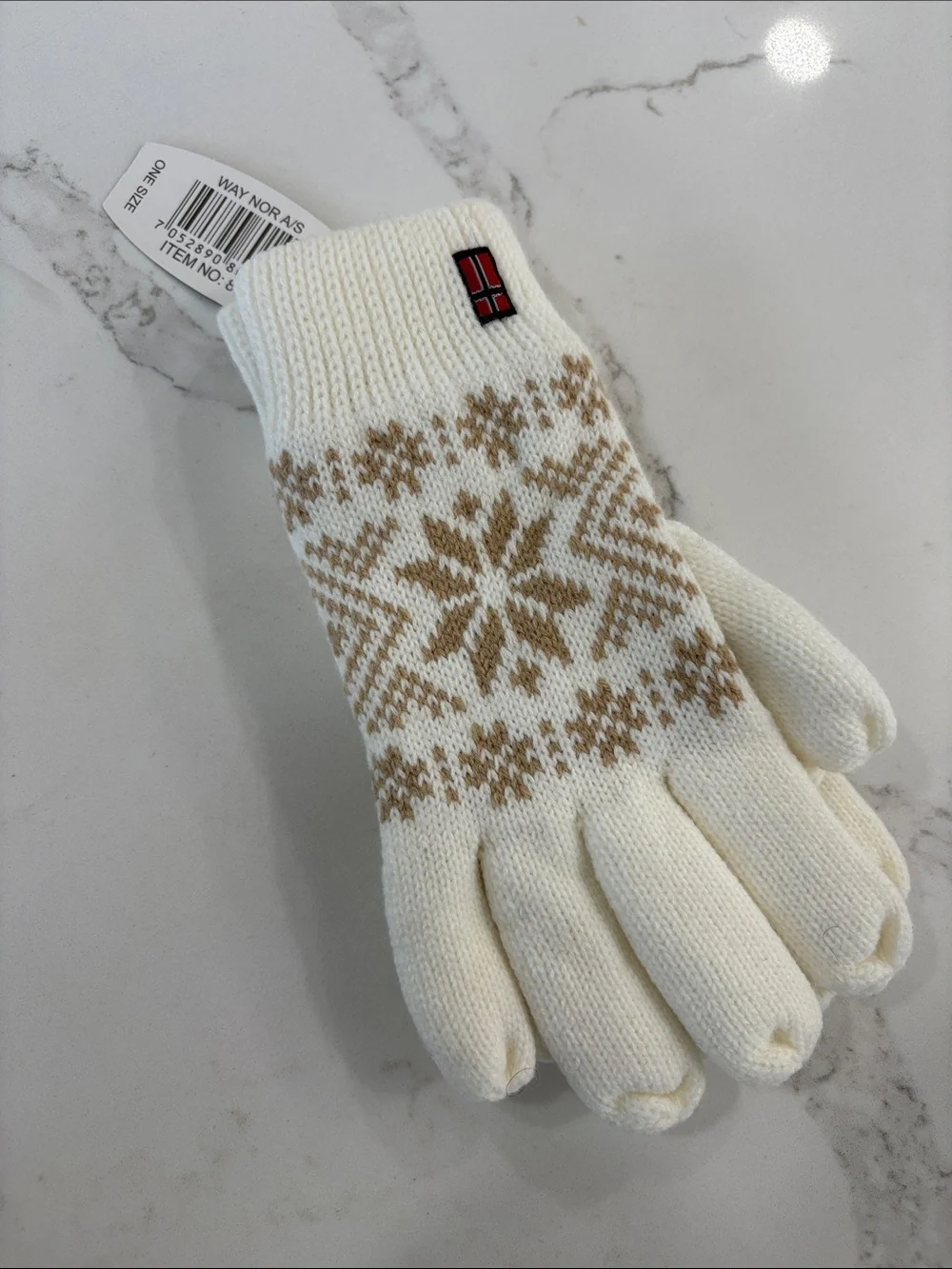 Ivory White & Tan Fair Isle Knit Fleece Lined Gloves